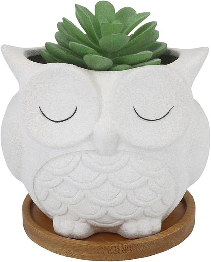 Cute Owl Succulent Planter Pot with Drainage Tray, Large White Ceramic Flower Cactus Container, Animal Shaped Indoor Air Plants Holder