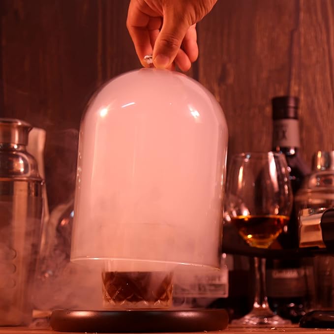 Smoking Cloche For Food Drinks With Wood Base, Cocktails Smoke Infuser Accessory, Glass Dome for Smoker Gun