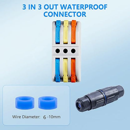 3PCS IP68 Waterproof Electrical Cable Connector, Outdoor 3 Way Junction Box, Waterproof Wire Connectors with Replaceable Lever Wire Connectors for AWG 28-12, Quick Screwless Installation