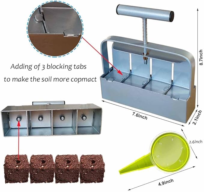 Handheld Soil Blocker Tool Kit - 4 Cell Heavy Duty 2 Inch Seed Starter Soil Block Maker for Seedlings, Cuttings, Greenhouses and Gardens (Ergonomic Design, Durable Metal Construction)