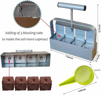 Handheld Soil Blocker Tool Kit - 4 Cell Heavy Duty 2 Inch Seed Starter Soil Block Maker for Seedlings, Cuttings, Greenhouses and Gardens (Ergonomic Design, Durable Metal Construction)