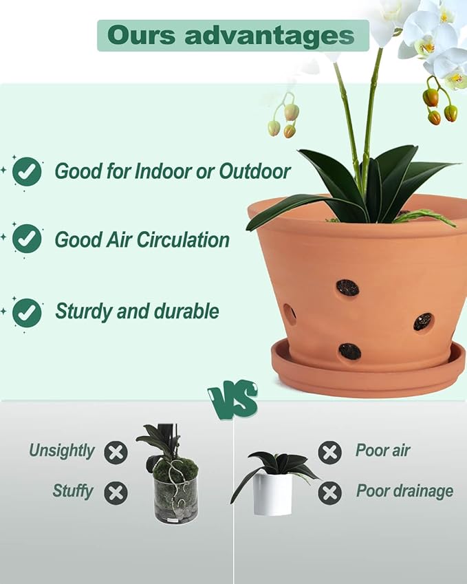 vensovo 8 Inch Terracotta Orchid Pots with Holes and Saucers, 2 Pack Large Clay Planters for Repotting, Terra Cotta Pots for Indoor & Outdoor Plants, Promotes Air Circulation