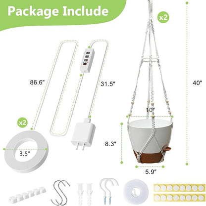 Hanging Grow Lights for Indoor Plants: 2 Pack Macrame Plant Hangers with Grow Lights and Self-Watering Pots, 10 Inch Large Hanging Pots with Drainage Holes & Removable Tray