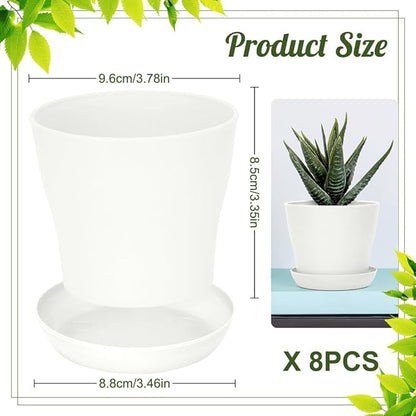 8 Pcs White Small Round Casual Plant Pots, Succulent Pots, Indoor/Outdoor, Resin Plastic, Drainage Hole, Polished Finish