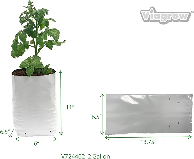 Viagrow Grow Bags Thick Plastic Grow Bags for Potting, Seedlings, Rootings, 2 Gallon 50 Pack, White