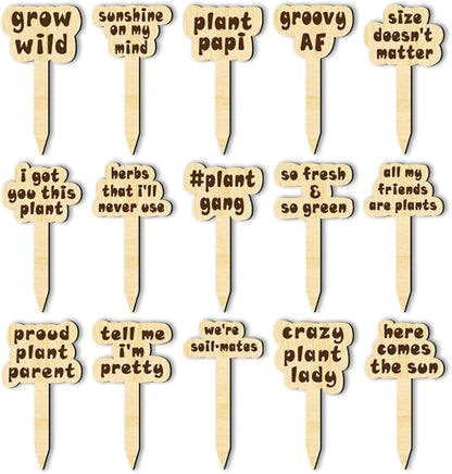 arricraft 15 Pcs Joke Punny Plant Labels, Wooden Markers T Type Tags Garden Labels with Printed Funny Phrase Wood Garden Stakes for Indoor and Outdoor Potted Seed Vegetable Unique Funny Gifts