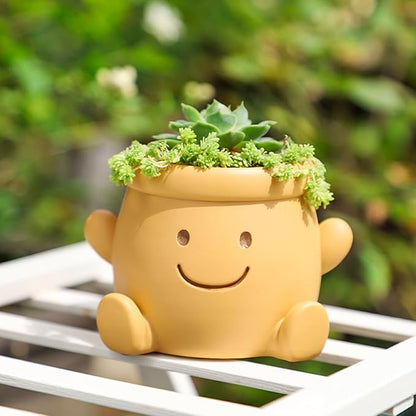 Cute Face Planter Pot, Small Resin Head Planters for Indoor Plants, Funny Smiling Face Flower Pot Succulent Planter with Drainage Hole, Gift IdeaI for Birthday Christmas (Orange)