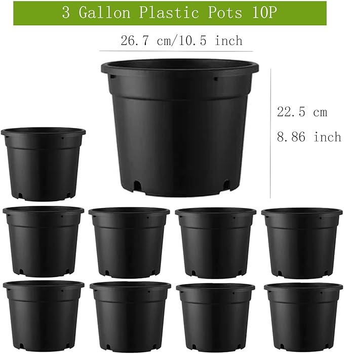 3 Gallon Pots for Plants, 3 Gallon Nursery Pot for Plants with Drainage Holes, 10 Pack 10 Inch Round Sturdy Plastic Plant Pot Planters for Outdoor Indoor Plants, Flowers, Black