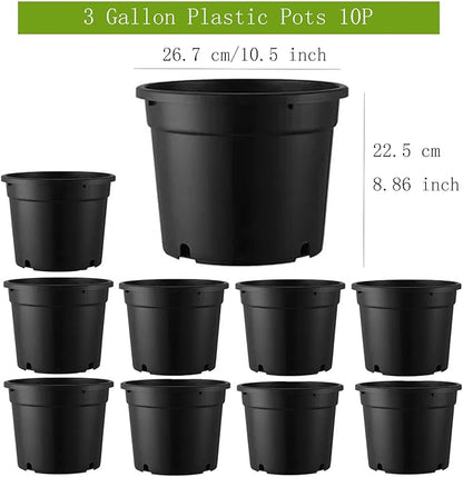 3 Gallon Pots for Plants, 3 Gallon Nursery Pot for Plants with Drainage Holes, 10 Pack 10 Inch Round Sturdy Plastic Plant Pot Planters for Outdoor Indoor Plants, Flowers, Black