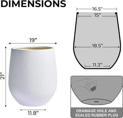 21" H x 19" D Corso Fiberstone Round Tapered Planter with Drainage Hole, Smooth Finishes, Weather Resistant for Indoor and Outdoor Use, Included 2 Extra Coco Mats (White, 15" Pot Opening)