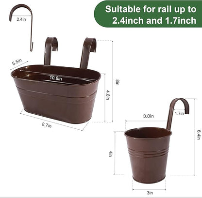 HowRU Metal Iron Flower Pots for Railing Fence Hanging Bucket Pots(5 Pcs) and Hanging Flower Pots Metal Iron Bucket Planter(10 Pcs) (Bronze)