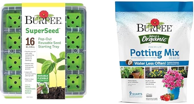 Burpee SuperSeed Seed Starting Tray | 16 XL Cell | Reusable & Dishwasher Safe &, 9 Quarts | Premium Organic Potting Natural Soil Mix Food Ideal for Container Garden-Vegetabl
