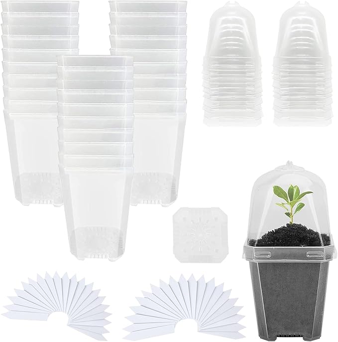 Hyuetrsa 30 Sets Plant Nursery Pots with Humidity Domes, 3" Plastic Gardening Pot with 30 Pcs Labels, Clear Seed Starting Pot Planter Containers with Drain Holes for Seedlings Vegetables Succulents