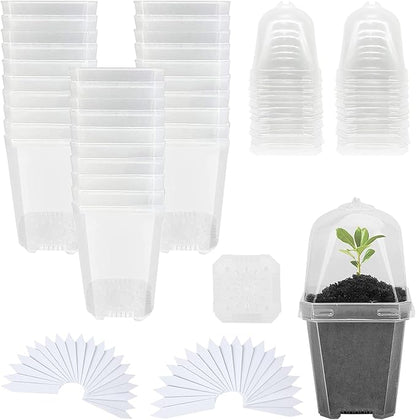 Hyuetrsa 30 Sets Plant Nursery Pots with Humidity Domes, 3" Plastic Gardening Pot with 30 Pcs Labels, Clear Seed Starting Pot Planter Containers with Drain Holes for Seedlings Vegetables Succulents