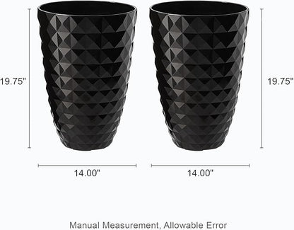Glitzhome 19.75" H Large Tall Planters for Outdoor, Set of 2 Tall Black Planter with Drainage Holes, Faux Ceramic Diamond Textured Oversized Planters, Decorative Flower Pots for Porch Indoor Garden