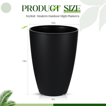 2 Pack 14 Inch Tall Planters for Outdoor Indoor Plants, Black Round Resin Plant Flower Pots with Drainage Hole for Front Porch Patio Garden Deck Living Room Decor