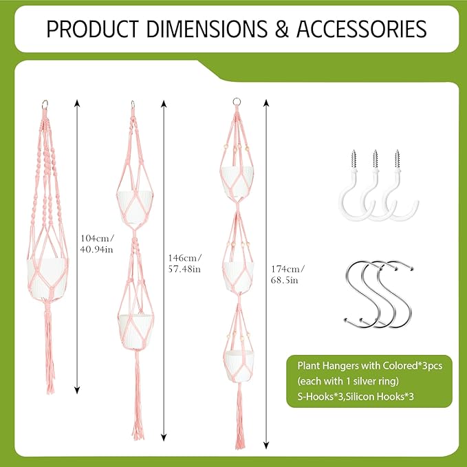 XXXFLOWER 3 Pack Macrame Plant Hanger Indoor Set with Hooks Handmade Woven Cotton Rope Flower Pot Crochet Plant Holder Stand Boho Plant Decor Hanging Planter Baskets Set of 3 with Beads Pink