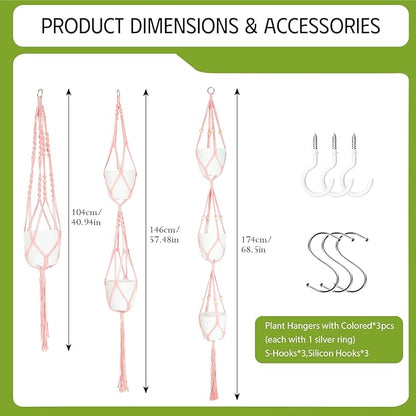 XXXFLOWER 3 Pack Macrame Plant Hanger Indoor Set with Hooks Handmade Woven Cotton Rope Flower Pot Crochet Plant Holder Stand Boho Plant Decor Hanging Planter Baskets Set of 3 with Beads Pink