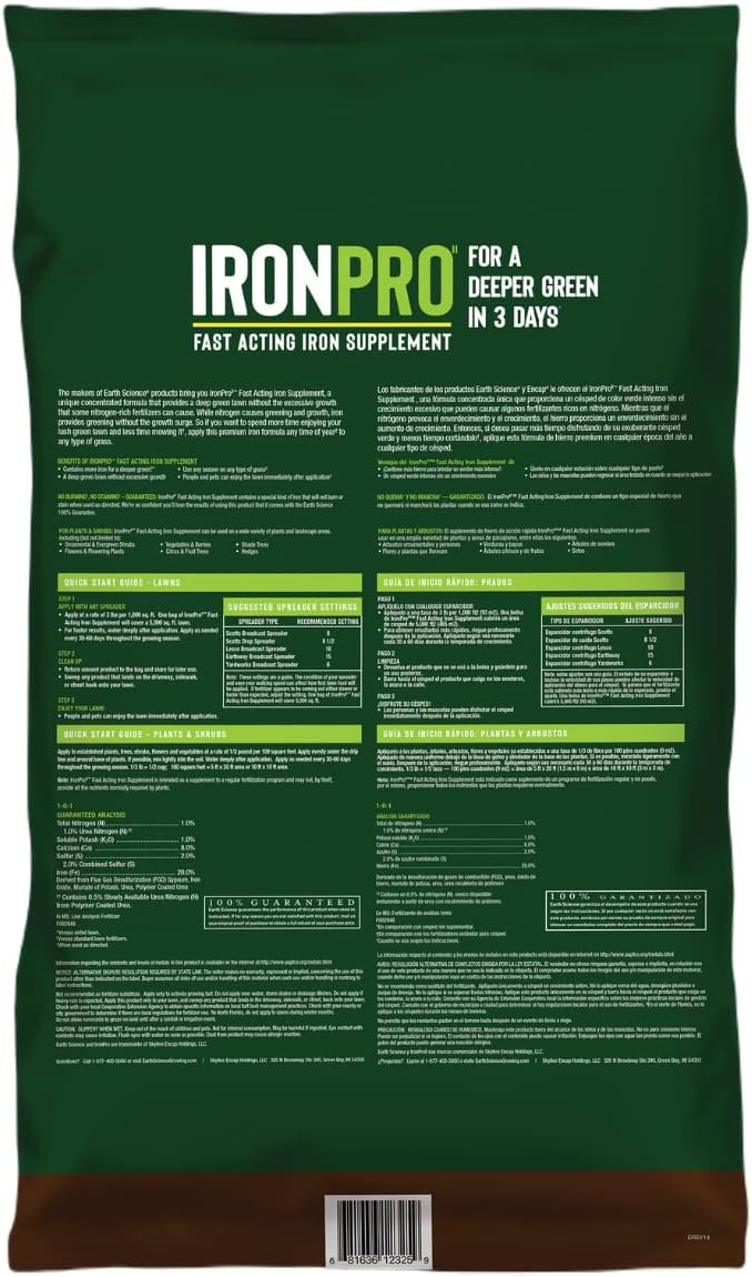 Earth Science – Iron Pro Fast Acting Iron Supplement for Use on Lawns, Flowers, and Vegetables with All Soil Types – Easy Application – Covers up to 5k Square Feet