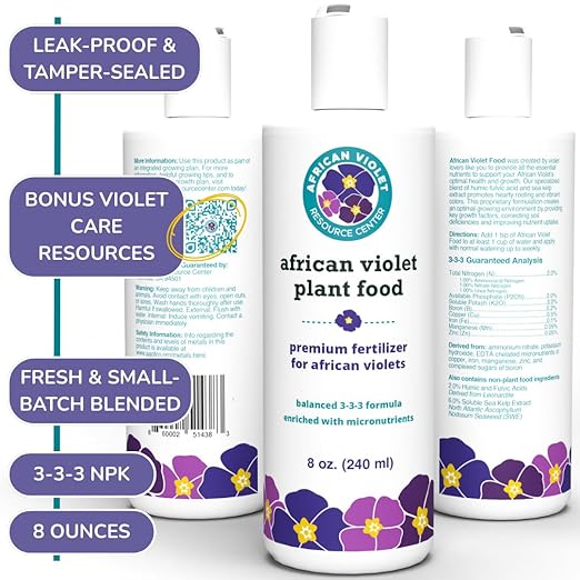 African Violet Fertilizer | Premium Liquid Plant Food for Strong Roots & Lush Blooms | Gentle, Balanced 3-3-3 Formula with Essential Micronutrients | Sea Kelp, Humic & Fulvic Acid | Made in USA | 8 oz