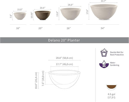 Crescent Garden Delano Bowl Planter, Indoor Outdoor Round Shallow Plant Pot for Water Garden, Bonsai Plant Pots, Succulents with Drain Hole - Double Walled Bowl Lotus Pot, 20" W (Mocha)