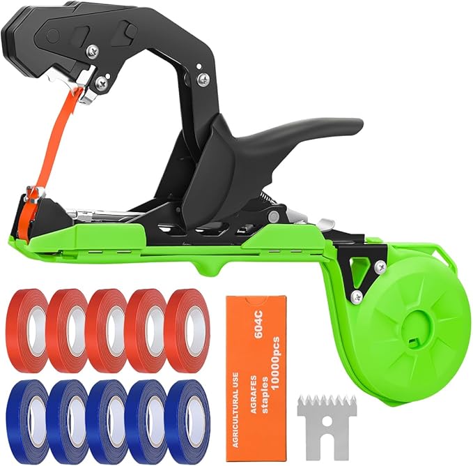 FUNTECK Easy & Fast Tying Tool for Tomatoes, Grapes, Cucumbers - Professional Plant Tying Machine Saves Labor with Spare Tapes and Staples, Green/Black