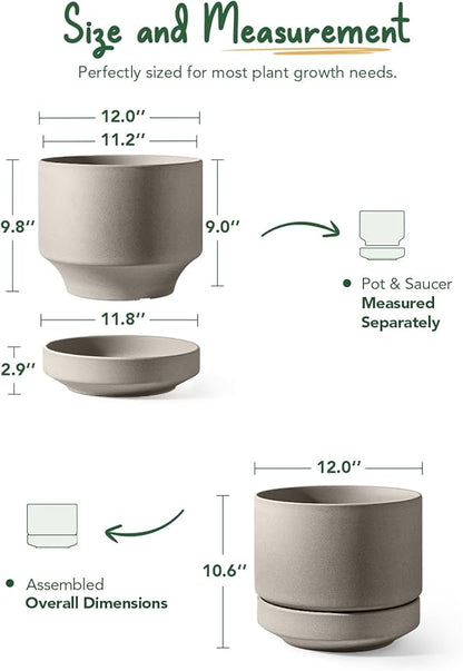 LE TAUCI 12 Inch Pots for Plants with Saucer | Ceramic Outdoor & Indoor Planter Pot for Plants | Drainage Hole, Mesh Pad & Plug | Unglazed Porous | Modern for Home, Office and Patio – Neutral Gray