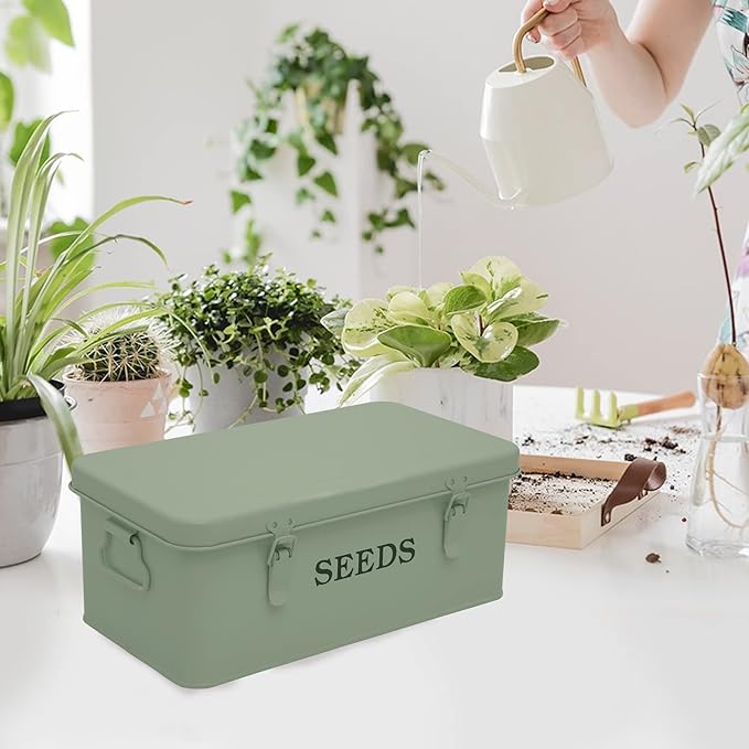 Seed Storage Box Metal Container Organizer, 4-Compartment Garden Seed Box with Safety Locks - Grayish Green
