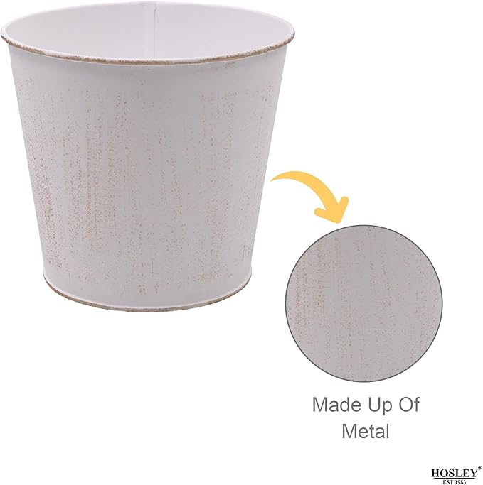 Hosley Set of 3 White Wash Finish Bucket/Pots with PVC Liner, 5" Dia x 4.75" H Ideal Gift for Floral Arrangements Wedding Home Office Party DIY Indoor Outdoor Garden Patio