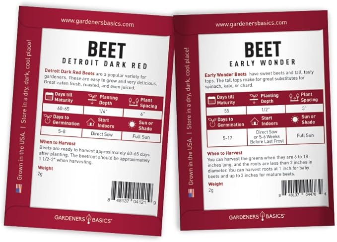 Gardeners Basics, Beet Seeds for Planting Home Garden - 5 Variety Pack Detroit Dark Red, Golden Detroit, Early Wonder, Cylindria and Chioggia Great for Spring, Summer, Fall, Heirloom Veggie Seeds