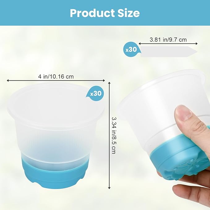 Sckee Clear Nursery Pots for Plants,30 Packs 4 inch Plastic Plant Pot Seedling Pots with Drainage Holes Silicone Base
