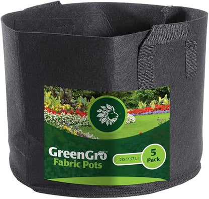 GreenGro 5-Pack 2 Gallon Nonwoven Fabric Grow Bags - Fabric Planting Pots/Great for Vegetables, Herbs, Flowers, Shrubs/Portable for Indoor & Outdoor Plants/Improved Aeration & Drainage