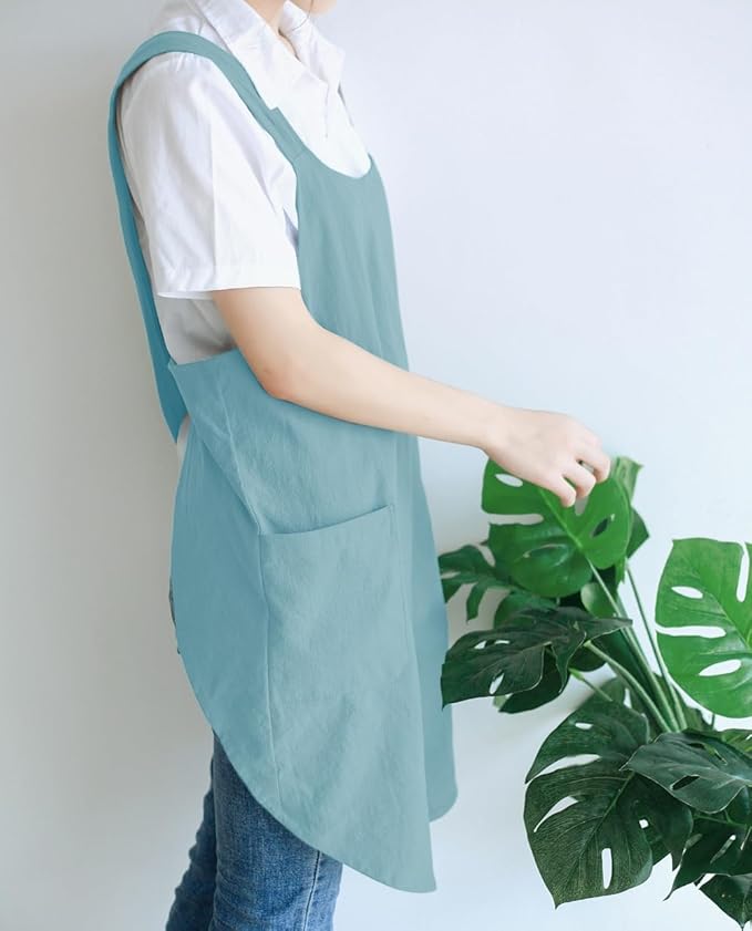 NEWGEM Japanese Linen Cross Back Cooking Aprons for Women Men with Pockets Cute for Baking Kitchen