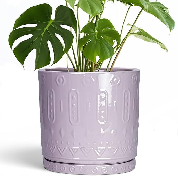 10 Inch Planter, Ceramic Plant Pots for Indoor Outdoor, Round Pot for Plants with Drainage Hole and Sacuer, Boho Plant Pot, Decorative Flower Pots, Living Room Decor, Purple