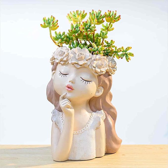 Head Planter Succulent Pots Face Flower Pot Cute Resin Cactus Planters with Drainage Creative Decorations, Gift for Women, Man, Office and Garden Decor, 7.3x6.5x10.6inch