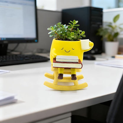 Smily Face Rocking Chair Planter -Cute Resin Book Coffee Succulents Plant Pots with Drainage Hole for Indoor Outdoor Garden, Gift IdeaI for Mother Appreciation Christmas (Yellow)