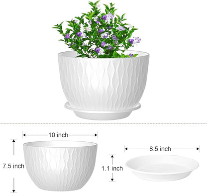 10 Inch Large Plant Pots, Flower Pots with Multi-Mesh Drainage Holes and Saucer, Plastic Planters for Indoor and Outdoor Garden Plants (White, 10")