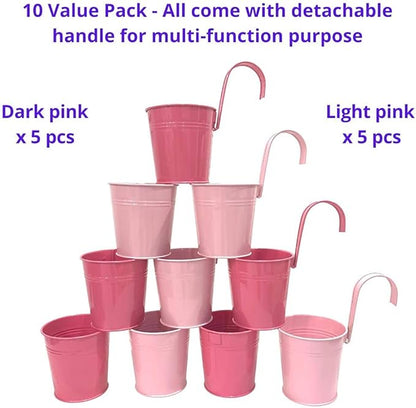 LaLaGreen Railing Planters Outdoor -10 Pack, 4 Inch Metal Hanging Flower Bucket, Small Pink Plant Pot Succulent Indoor Patio Fence Planter Box Balcony Garden Wall Decor Rail Deck Macetas Decorativas