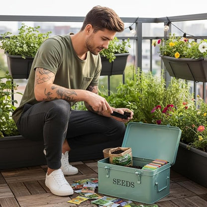 Large Modern Green Rectangular Metal Seed Storage Box with 4 Compartments and 40 Envelopes and 20 Bamboo Plant Labels