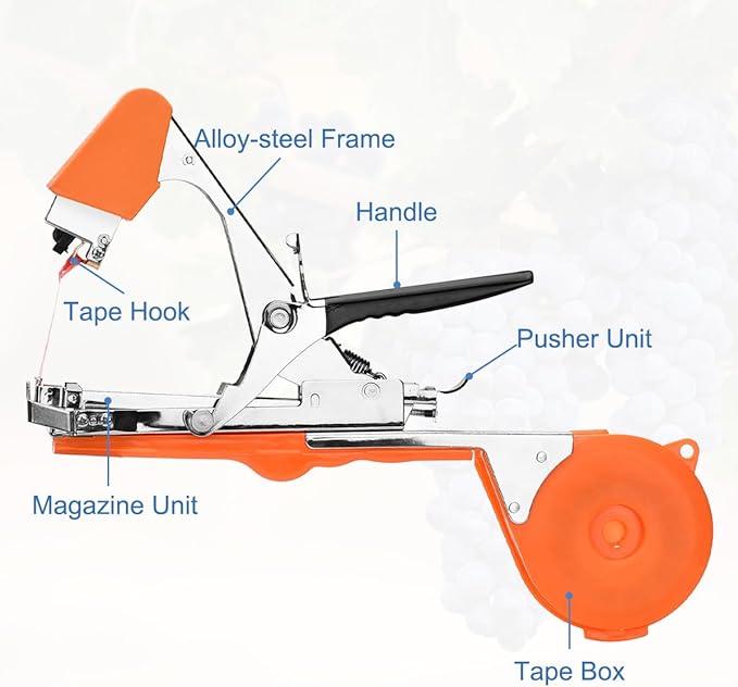 FUNTECK Garden Plant Tying Machine Branch Tape Tool for Vine, Tomato, Cucumber, Grape & Floral Support | Heavy-Duty Handheld Plant Binder with Durable Tape & Ergonomic Grip, Orange