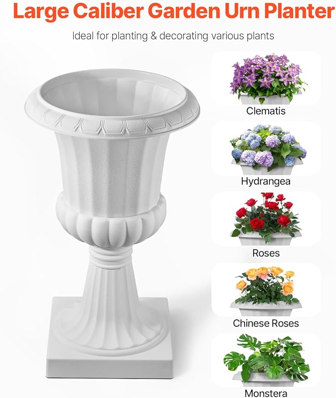 VEVOR Plastic Urn Planters, 15.8 x 26.4 Inch, 2 Pack White Classic Flower Pots Front Porch Planters, Indoor & Outdoor Vase for Wedding, Party, Event, Home, Stage, Garden, Balcony, Patio Decoration
