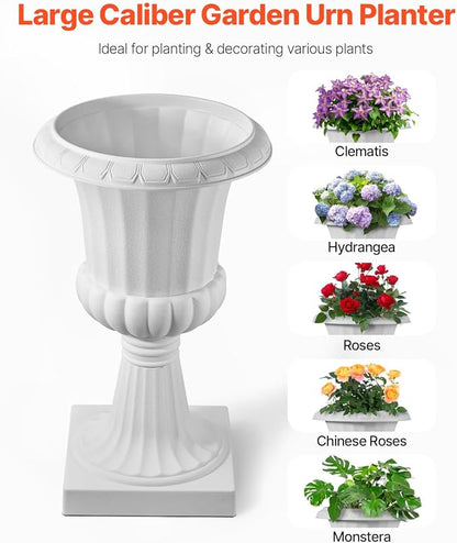 VEVOR Plastic Urn Planters, 15.8 x 26.4 Inch, 2 Pack White Classic Flower Pots Front Porch Planters, Indoor & Outdoor Vase for Wedding, Party, Event, Home, Stage, Garden, Balcony, Patio Decoration