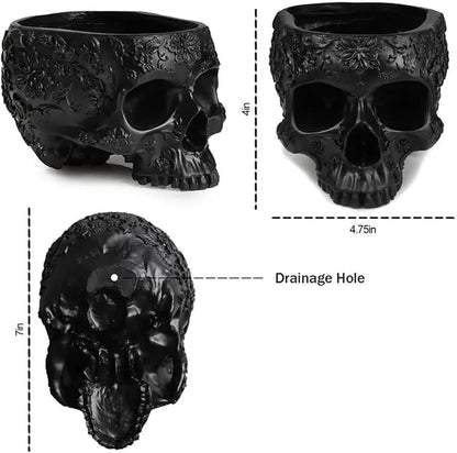 Black Skull Planter Pot 6 Inch Skeleton Head Pot for Succulents Flowers, & Bowl Dish Gothic Decor for Garden Home Parties Haunted House Spooky Black Display Halloween Skull Flower Pot Decoration Gift