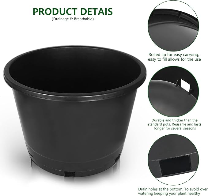 5-Pack 8.4 Gallon Round Planter Nursery Pots, Flower Plant Container Injection Molded Plastic Nursery Pot Gardening Pots for Indoor Outdoor Vegetables, Succulents, Black