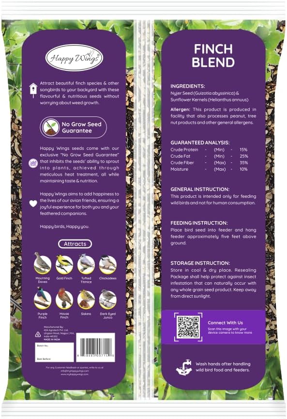 Happy Wings Finch Blend Bird Food - Mix of Sunflower Hearts/Kernels and Nyjer, 5 Pounds - No Grow Seed - For Wild Birds