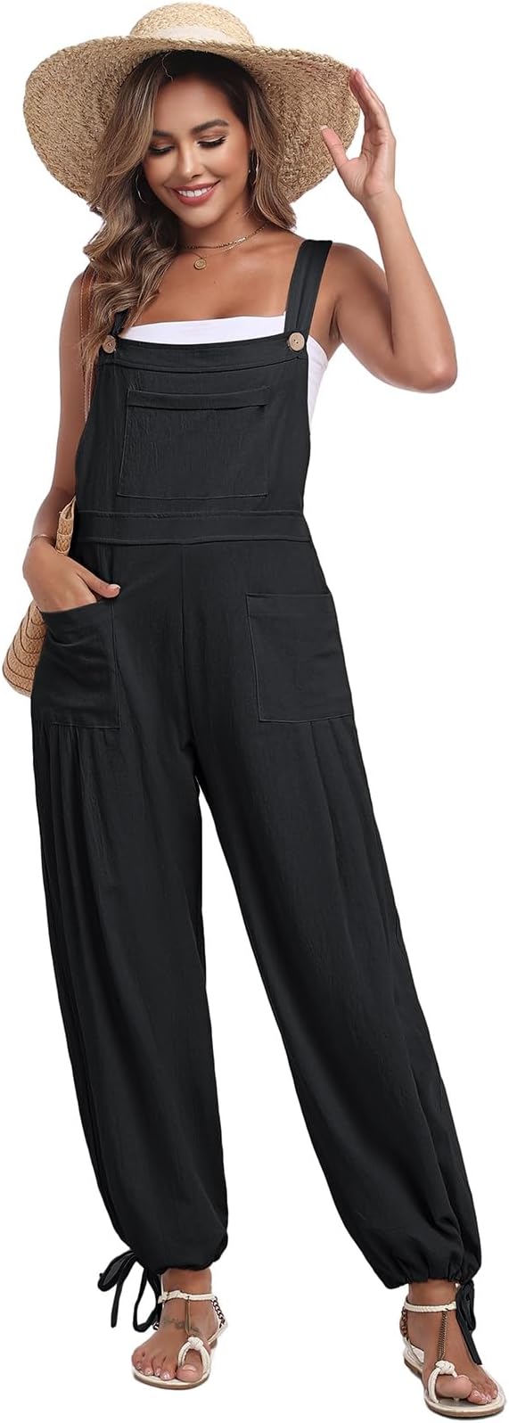 ALSOGO Womens Wide Leg Overalls Loose Beach Vacation Outfits Jumpsuits 2025 Causal Sleeveless Rompers with Pockets