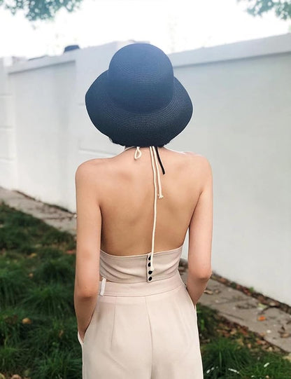 Wide-Brim Classic Elegant Style Foldable Straw Hat Women's Retro UV Resistant Sun Hats for Outdoor, Beach and Travel