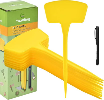 Plant Labels，60 Pcs Yuanling Plant Markers Large Plastic Plant Tags T-Type Waterproof Garden Labels for Outdoor Indoor Potted Plants Flowers Seeds Herbs with Garden Marker Pen