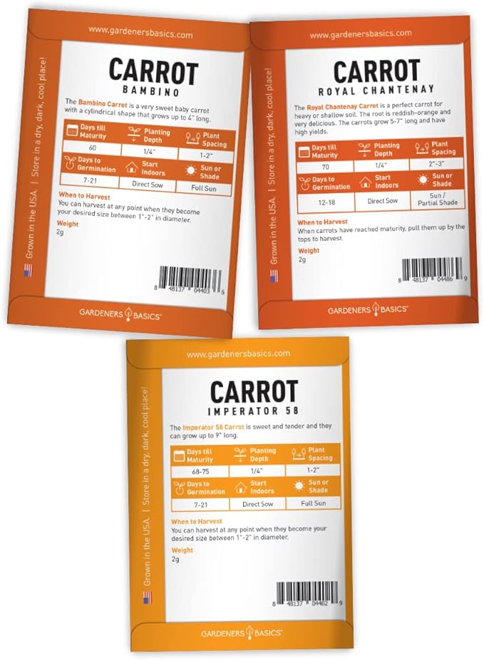 Gardeners Basics, Carrot Seeds for Planting Home Garden - 5 Variety Pack Rainbow, Imperator 58, Scarlet Nantes, Bambino and Royal Chantenay Great for Spring, Summer, Fall, Heirloom Carrot Seeds
