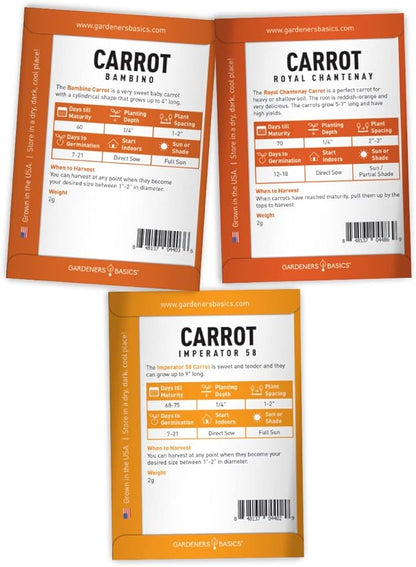 Gardeners Basics, Carrot Seeds for Planting Home Garden - 5 Variety Pack Rainbow, Imperator 58, Scarlet Nantes, Bambino and Royal Chantenay Great for Spring, Summer, Fall, Heirloom Carrot Seeds